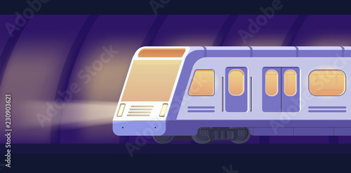 Passanger modern electric high-speed train. Railway subway or metro transport in tunnel. Underground train Vector illustration flat style.