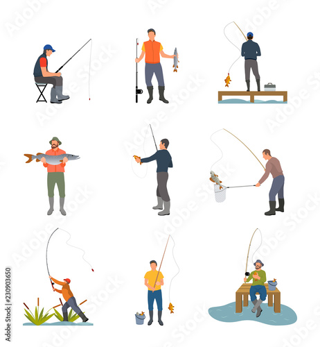 Fishing Hobby Activity Set Vector Illustration