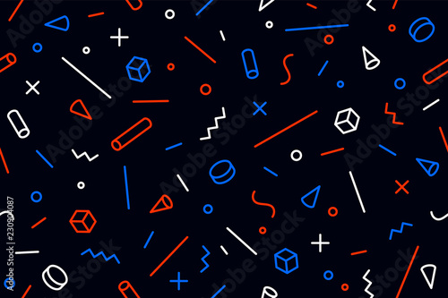 Geometric memphis pattern. Seamless graphic pattern 80s-90s trendy styles, black background. Colorful pattern with abstract different shapes objects for wrapping paper, background. Vector illustration