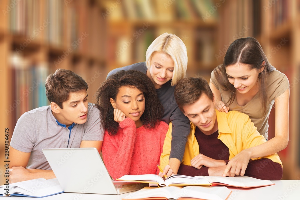 Group of students with laptop and book doing lessons Group of students with laptop and book doing lessons