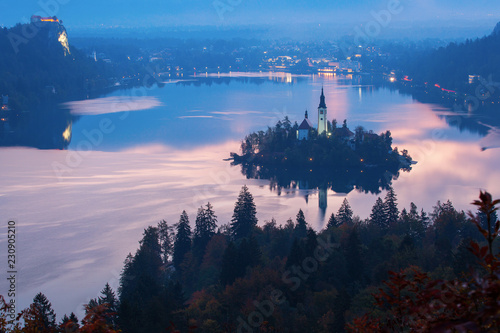 Panoramic view of amazing Bled Lake in Slovenia in autumn time with beautiful clouds in background. © danmir12