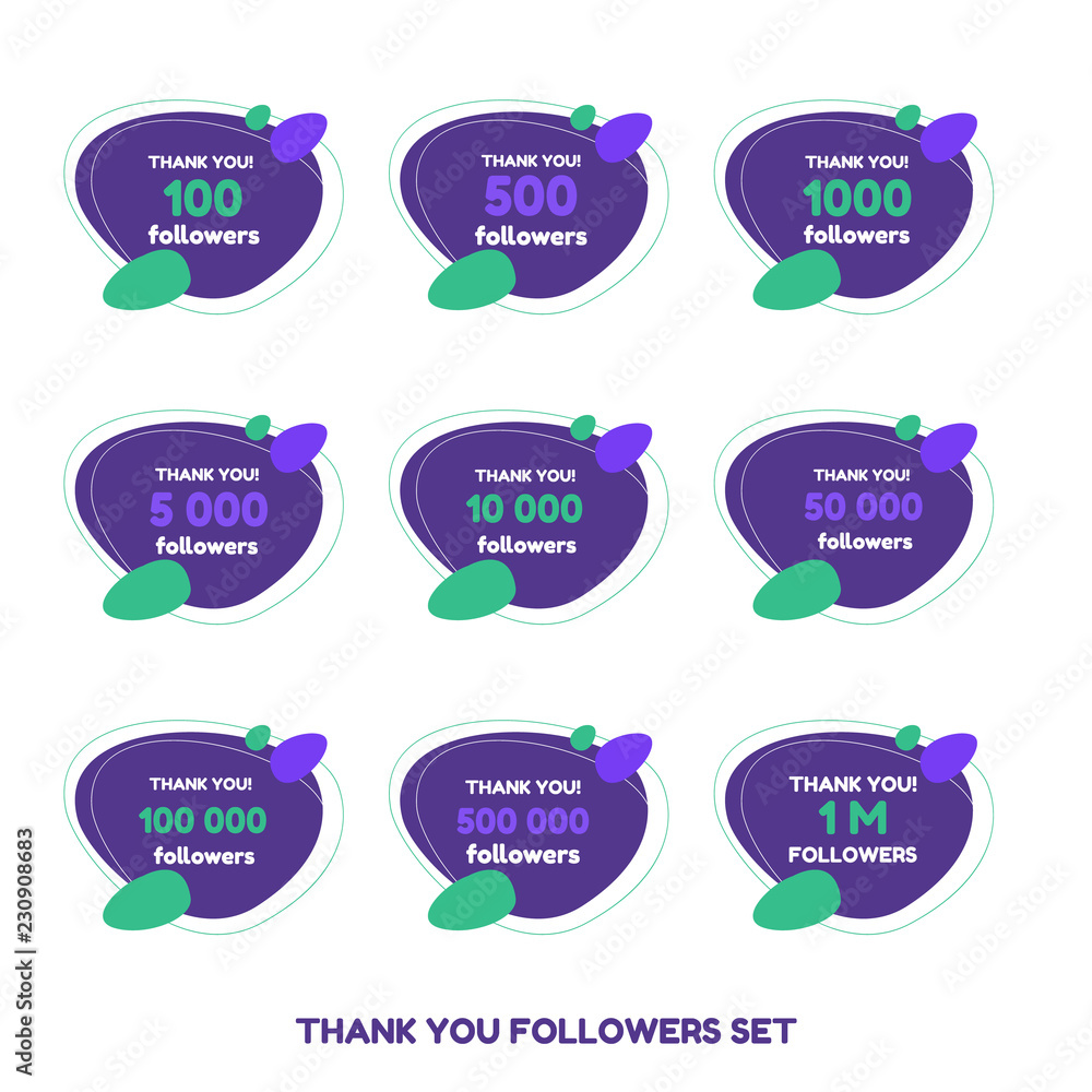 Thank you followers card Set. Vector illustration in flat geometry style. Thank you followers card Set. Vector illustration in flat geometry style.