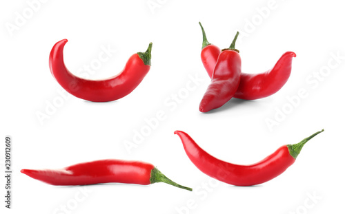Set of red chili peppers on white background