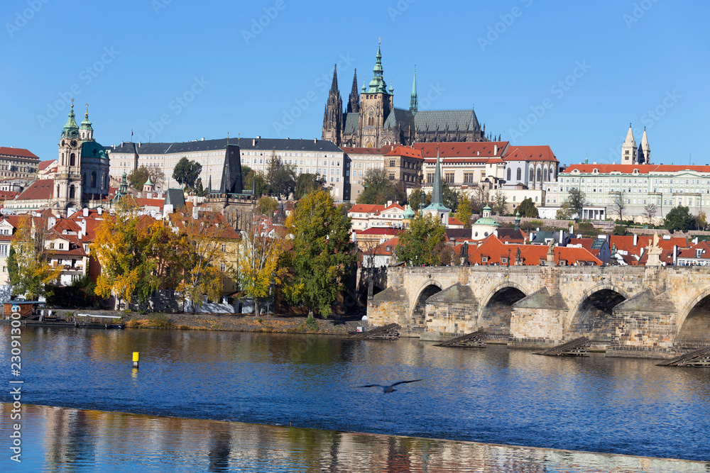 Obraz premium Colorful autumn Prague gothic Castle and Charles Bridge with the Lesser Town in the sunny Day, Czech Republic