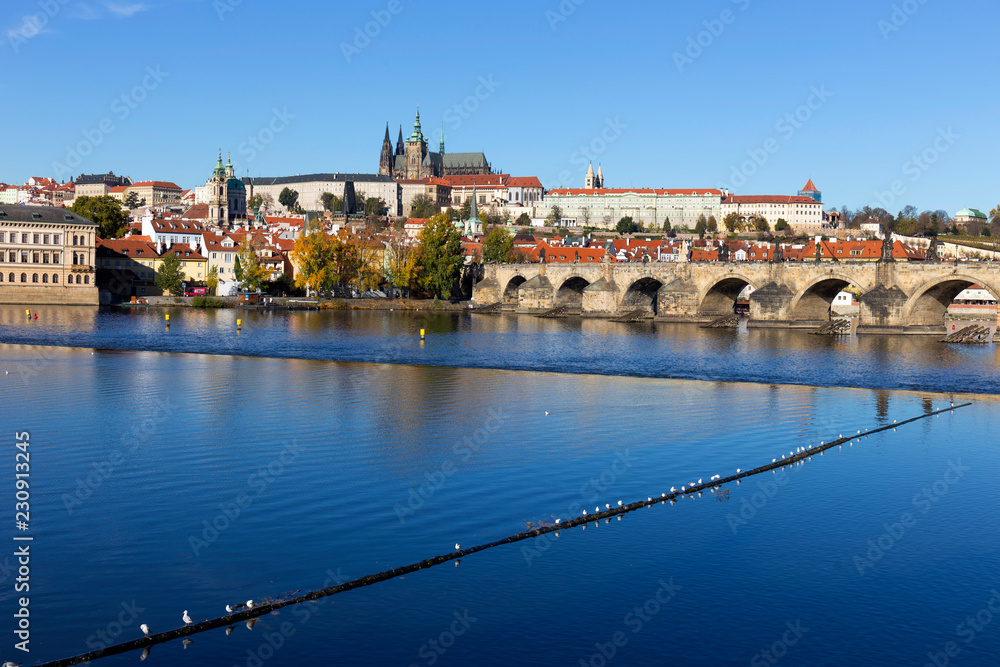 Fototapeta premium Colorful autumn Prague gothic Castle and Charles Bridge with the Lesser Town in the sunny Day, Czech Republic