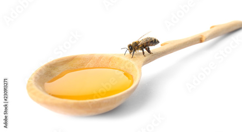 Wooden spoon with honey and bee on white background