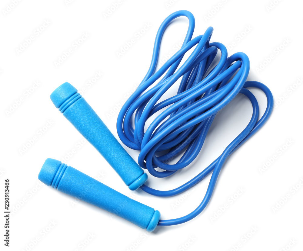 Jump rope on white background, top view. Sports equipment Jump rope on white background, top view. Sports equipment