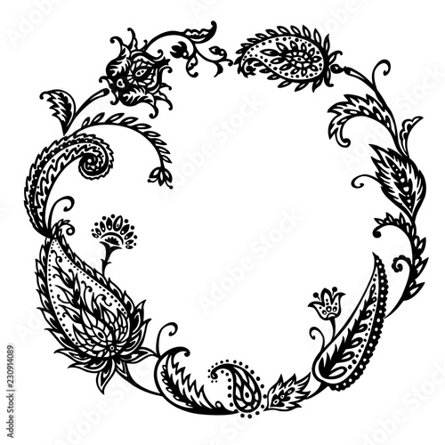 Round frame in a boho style paisley pattern. Traditional decorative ornament, buta, mehendi, black and white vector illustration.