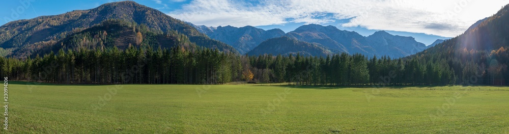 Gebirgszug mit dichten Wäldern und großer Weidefläche im Spätherbst am Polsterlucken Rundweg Panorama