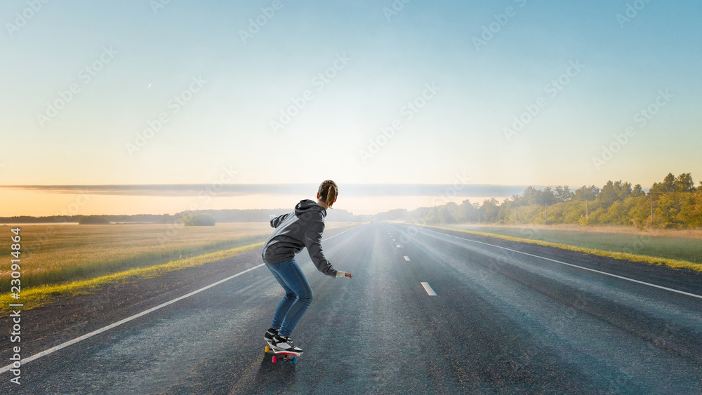 Teenager girl ride her skateboard. Mixed media Teenager girl ride her skateboard. Mixed media