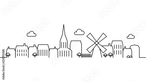 City landscape template. Thin line City landscape. Cityscape, village Isolated outline illustration. Urban life illustration