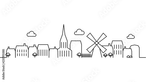 City landscape template. Thin line City landscape. Cityscape, village Isolated outline illustration. Urban life  illustration