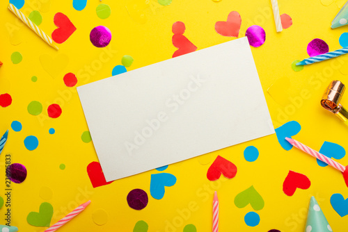 Birthday banner or background, gift, carnival cap, confetti. Flat style. Copy space for greeting text.