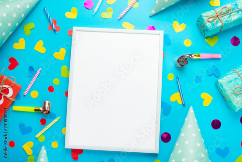 Birthday party background with party hats and streamers