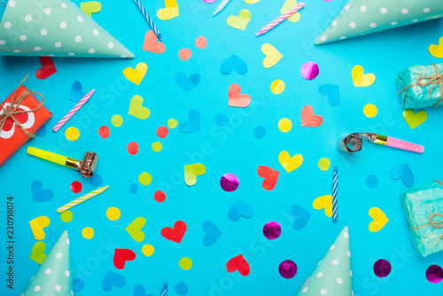 Gifts with confetti for the holiday. Top view with an empty place for inscription or advertising.