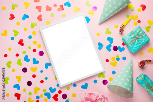 Birthday banner or background, gift, carnival cap, confetti. Flat style. Copy space for greeting text.