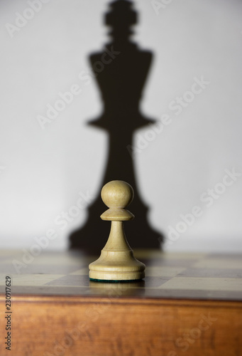 background. pawn. the shadow of chess pieces (white, black) stand on a chessboard