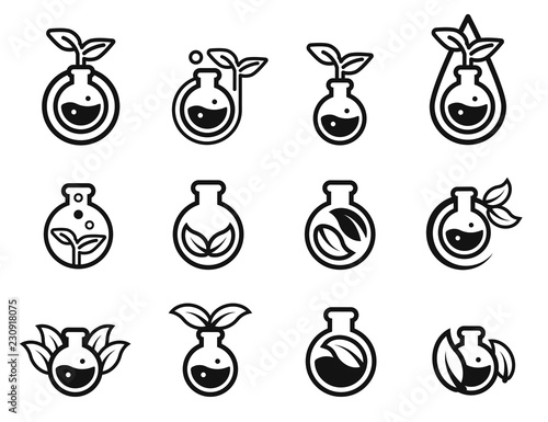 Environmental chemistry are already certified safety for user product in round bottle flask icon design . Eco chemical symbol. Green care from science technology(icon concept).