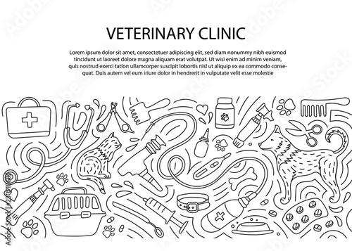 Veterinary clinic, pharmacy and a set of medical instruments. Vector illustration, Doodle. Treatment of animals.