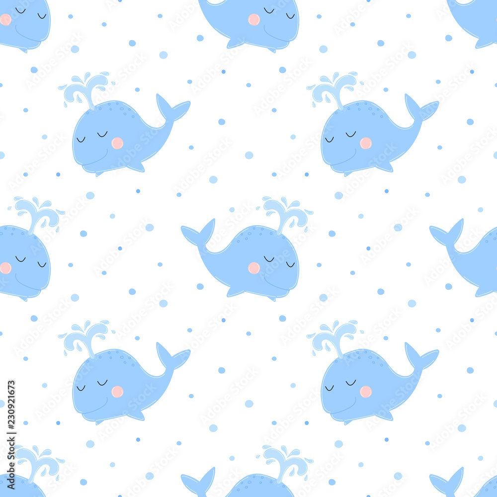Seamless pattern of hand-drawn cute whale. Vector image on the marine theme for a boy sailor. Illustration for holiday, baby shower, birthday, textile, wrapper, greeting card, print, banner