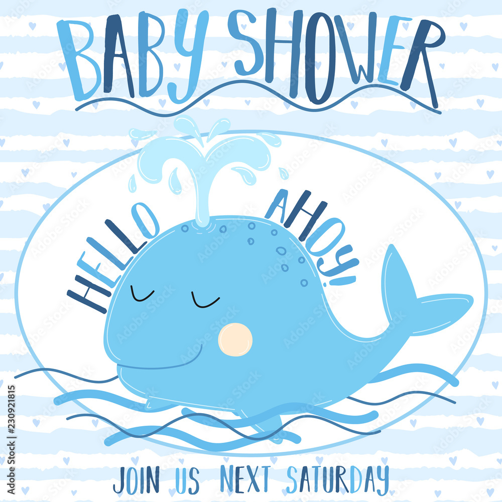 Vector image of a cute whale with the inscription Baby Shower and Ahoy on a  striped