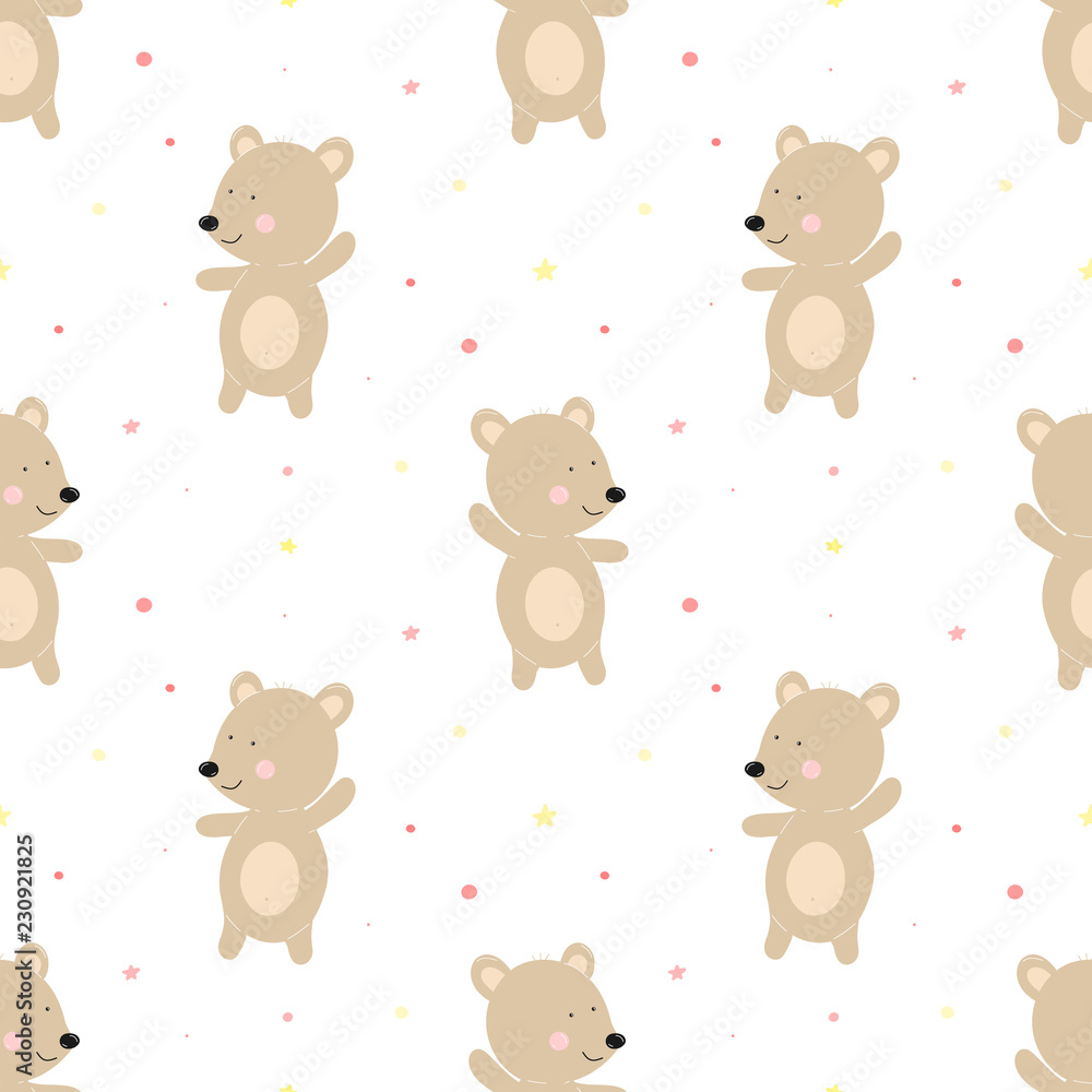 Seamless pattern of funny bears on a background of pink dots. Vector image for girl. Illustration for holiday, baby shower, birthday, textile, wrapper, greeting card, print, clothes, banners, flyers Seamless pattern of funny bears on a background of pink dots. Vector image for girl. Illustration for holiday, baby shower, birthday, textile, wrapper, greeting card, print, clothes, banners, flyers