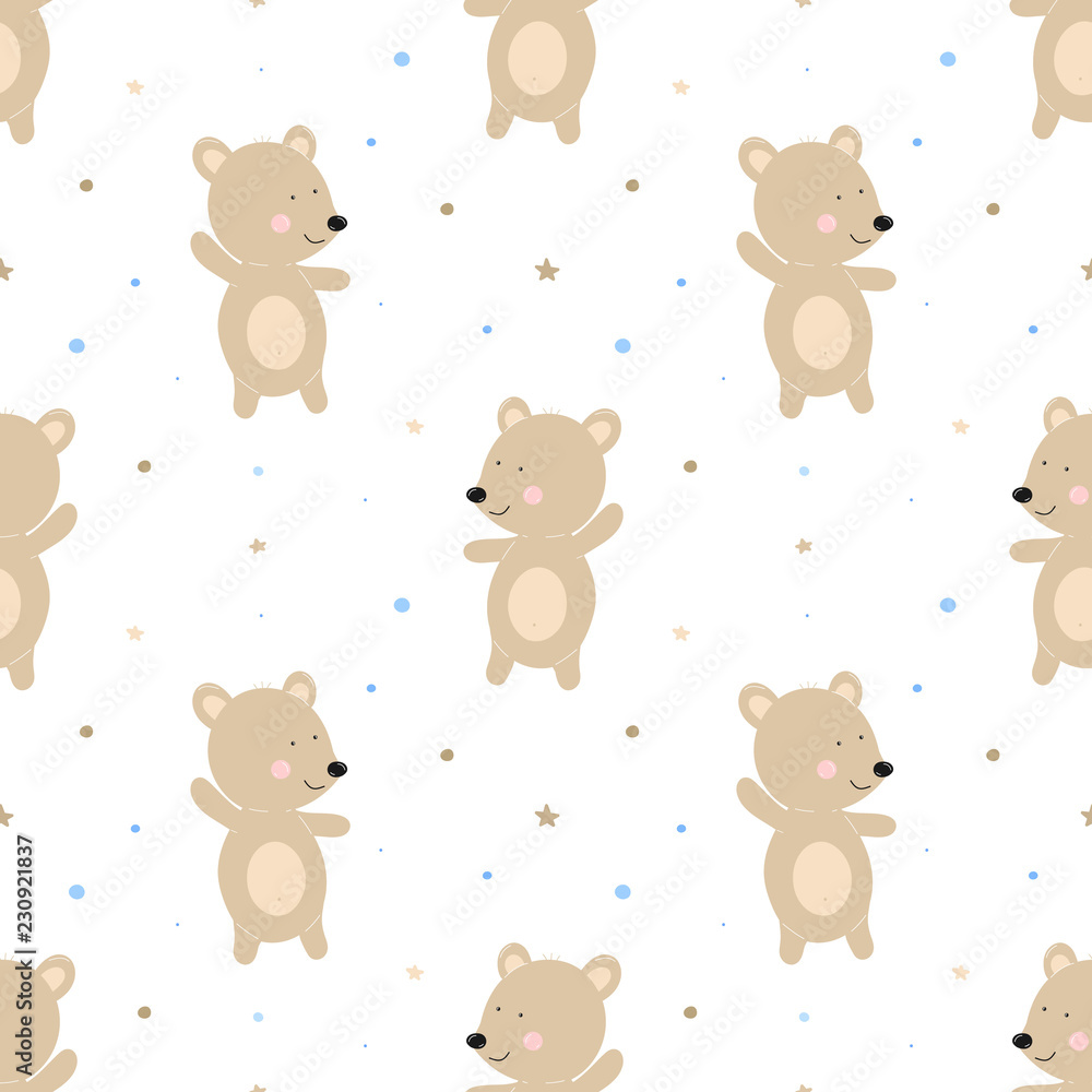 Seamless pattern of funny bears on a background of blue dots. Vector image for boy. Illustration for holiday, baby shower, birthday, textile, wrapper, greeting card, print, clothes, banners, flyers Seamless pattern of funny bears on a background of blue dots. Vector image for boy. Illustration for holiday, baby shower, birthday, textile, wrapper, greeting card, print, clothes, banners, flyers
