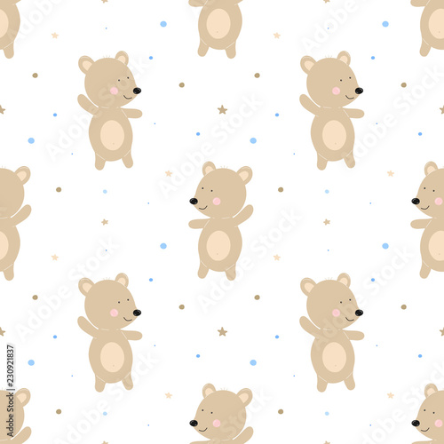 Seamless pattern of funny bears on a background of blue dots. Vector image for boy. Illustration for holiday, baby shower, birthday, textile, wrapper, greeting card, print, clothes, banners, flyers