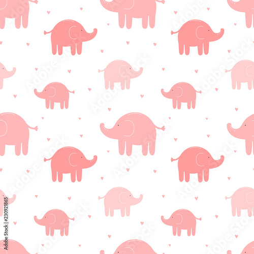 Seamless pattern of cute pink elephants and hearts. Vector image for girl. Illustration for holiday, baby shower, birthday, textile, wrapper, greeting card, print, banners, flyers © Anton