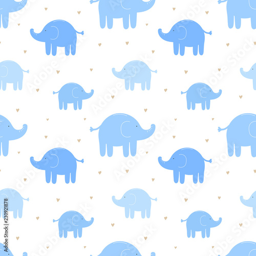 Seamless pattern of cute blue elephants and hearts. Vector image for boy. Illustration for holiday, baby shower, birthday, textile, wrapper, greeting card, print, banners, flyers