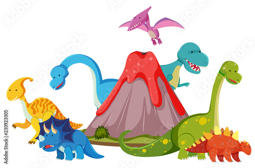 Many dinosaur next to volcano