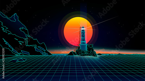 Retro background lighthouse on the coast  landscape 1980s style. Retro 80s Sci-Fi background  Landscape.Futuristic background retro wave.
