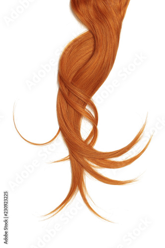 Red hair, isolated on white background. Long and disheveled ponytail