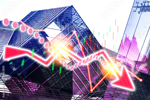 Graph index of stock market with office building (red bear chart)