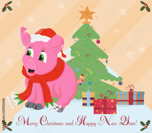 little pink pig in Santas hat and scarf around the neck symbol of the new 2019 Chinese calendar