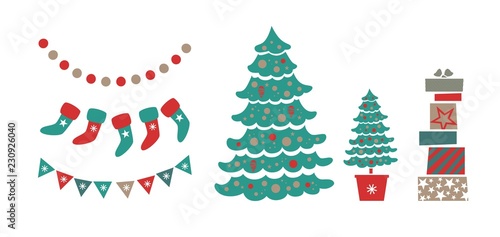 Christmas set with Christmas trees, garlands, gifts. Christmas, winter holidays. Vector illustration. For poster, postcard, pattern, wrapping paper, Wallpaper