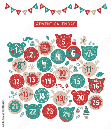 Merry Christmas advent calendar design. Advent calendar with various seasonal objects and symbols. Stickers in the form of the head of a cat, deer, bear. Vector illustration © SVETLANA