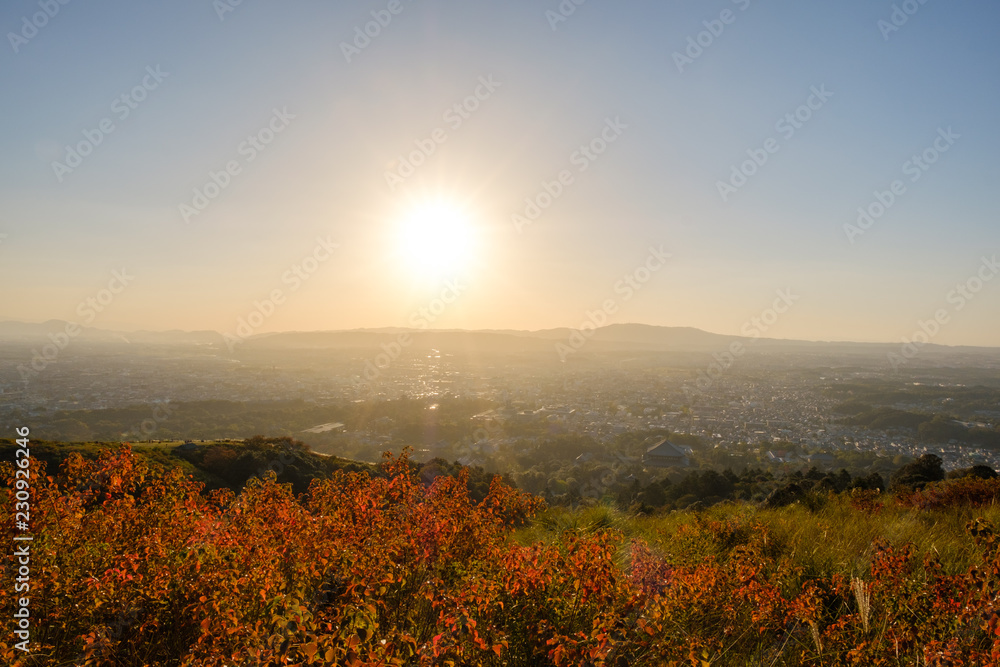 夕暮れの若草山と奈良の町