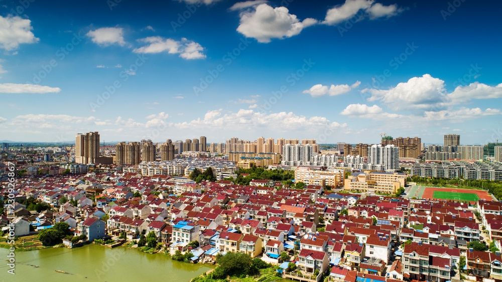 Obraz premium Bird's eye view of the ecological beauty of blue sky and white clouds in langxi county, anhui province, China