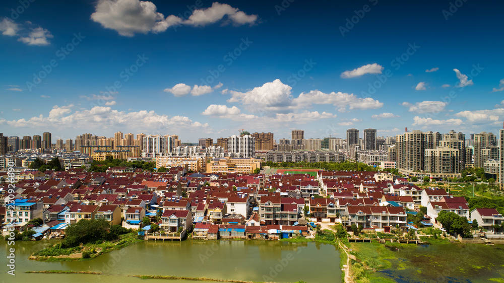 Bird's eye view of the ecological beauty of blue sky and white clouds in langxi county, anhui province, China