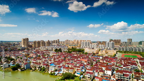 Bird's eye view of the ecological beauty of blue sky and white clouds in langxi county, anhui province, China photo