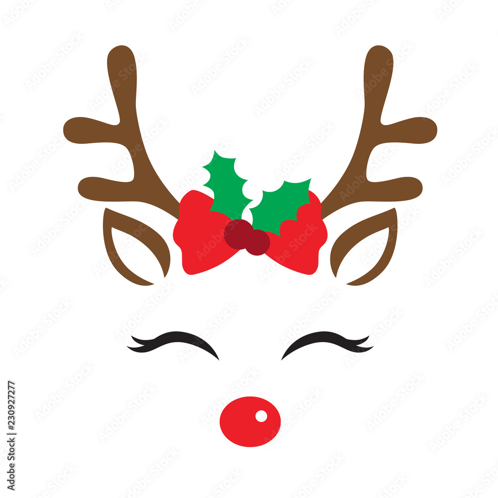 Vector illustration of a cute reindeer face with Christmas decoration ...
