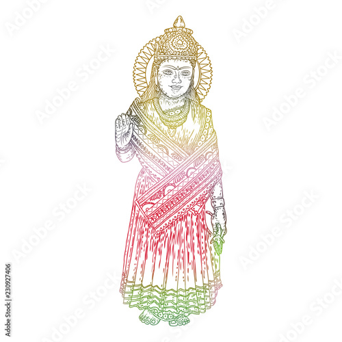 Devi Parvati classic traditional Hindu deity hand drawing. Vector.