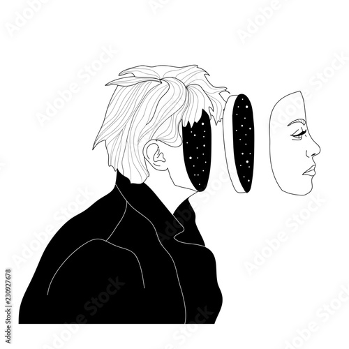 Space Art. Portrait of a beautiful woman. Philosophy, esoteric, symbolism, boho. Vector hand drawn illustration of a woman with space instead of body.Surreal tattoo artwork . Template for card, poster