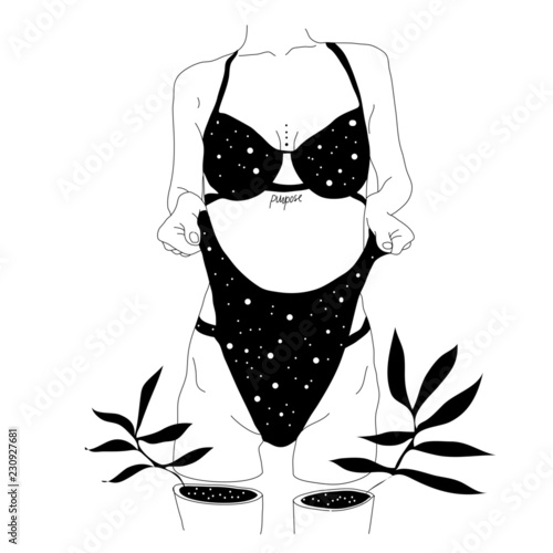 Surreal tattoo artwork . Template for card, poster, banner, print for t-shirt.Vector hand drawn surreal illustration of undressing woman with space instead of body