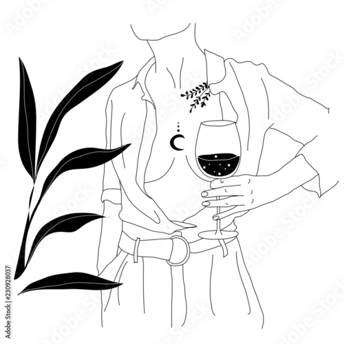 Surreal tattoo artwork . Template for card, poster, banner, print for t-shirt.Vector hand drawn surreal illustration of undressing woman with space instead of body