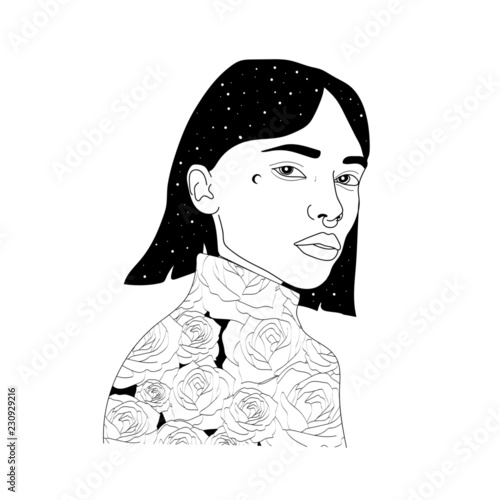 Space Art. Portrait of a beautiful woman. Philosophy, esoteric, symbolism, boho. Vector hand drawn illustration of a woman with space instead of body.Surreal tattoo artwork . Template for card, poster