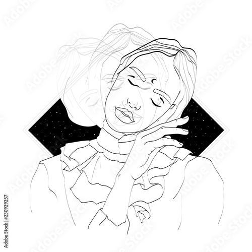 Space Art. Portrait of a beautiful woman. Philosophy, esoteric, symbolism, boho. Vector hand drawn illustration of a woman with space instead of body.Surreal tattoo artwork . Template for card, poster