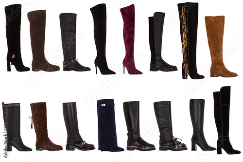 Set of women's autumn high boots collection on a white background. Italian premium fashion shoes