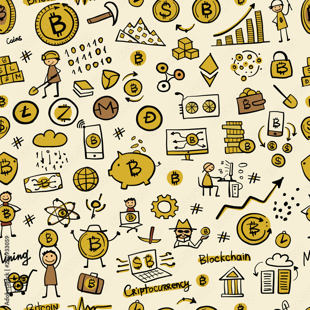 Bitcoin, cryptocurrency and blockchain technology, seamless pattern for your design Bitcoin, cryptocurrency and blockchain technology, seamless pattern for your design